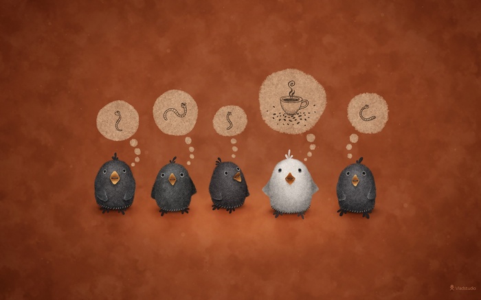 Five chicks thinking about worms and coffee