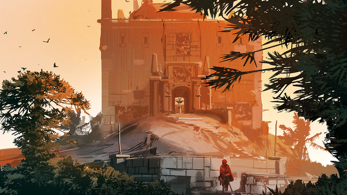 Digital art of a castle with trees and a person