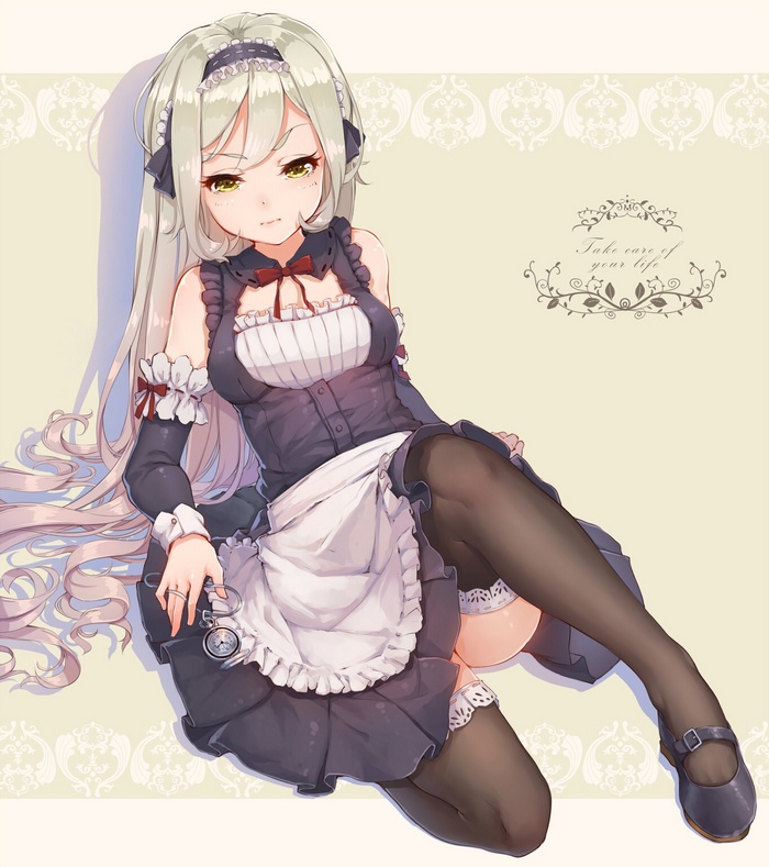 thigh-highs, frills, looking at viewer, simple background, detached sleeves, anime girls, maid outfit, yellow eyes, maid, white hair, long hair, black stockings, stockings, anime, pocket watch, dress