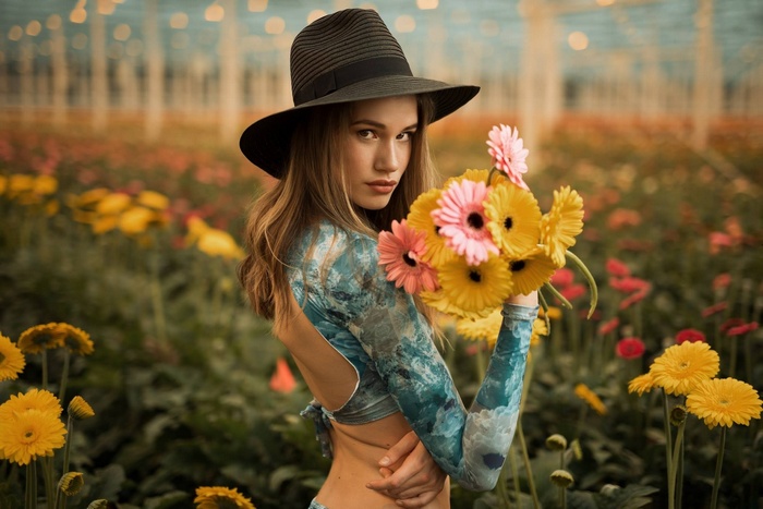 Woman in hat holding flowers in a greenhouse