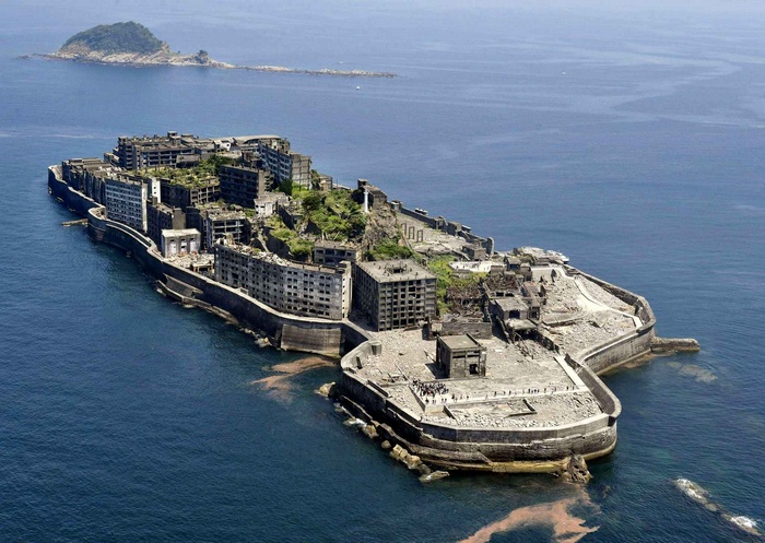 Hashima Island, Japan, abandoned buildings and sea