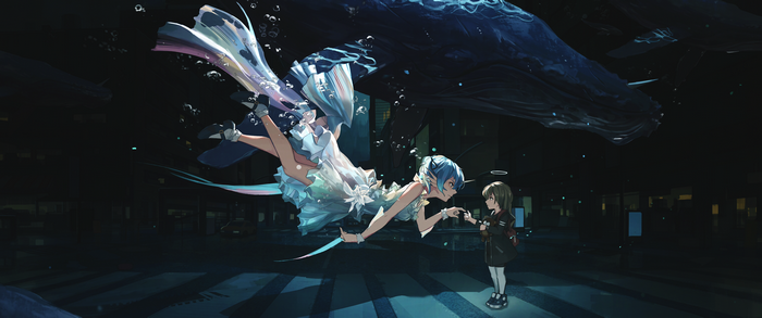 Hatsune Miku and girl underwater with whale