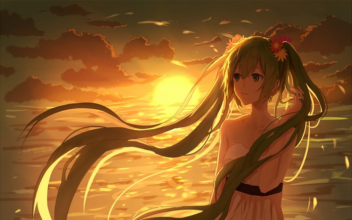 Hatsune Miku by the ocean at sunset