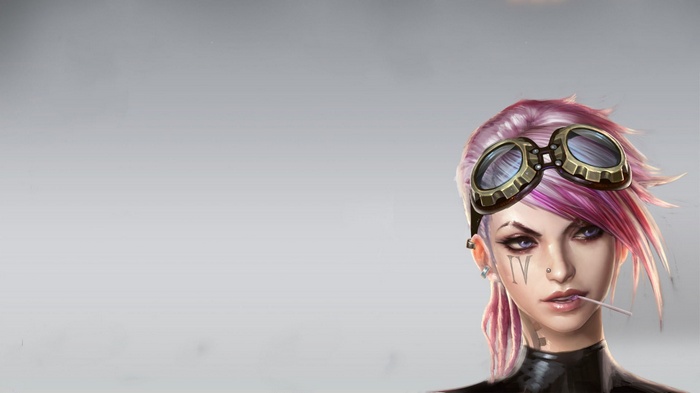 Vi from League of Legends with pink hair and goggles