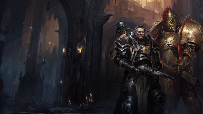 Warhammer 40,000 Space Marine and Custodes in Gothic Cathedral