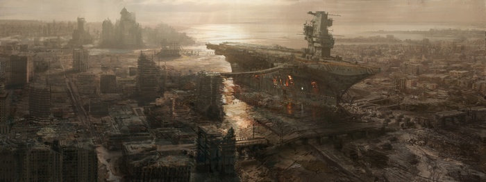 Post-apocalyptic city with a large aircraft carrier