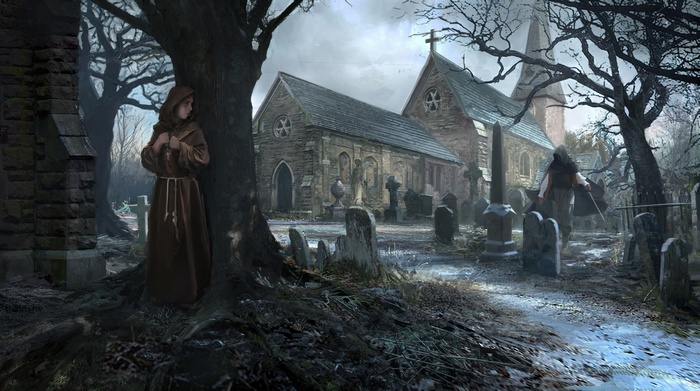 Monks in a graveyard with a church, fantasy art