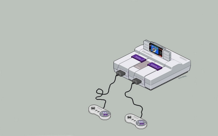 Super Nintendo Entertainment System with controllers and game cartridge