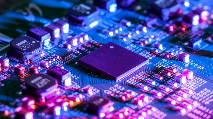 Close-up of a computer motherboard with a central processor