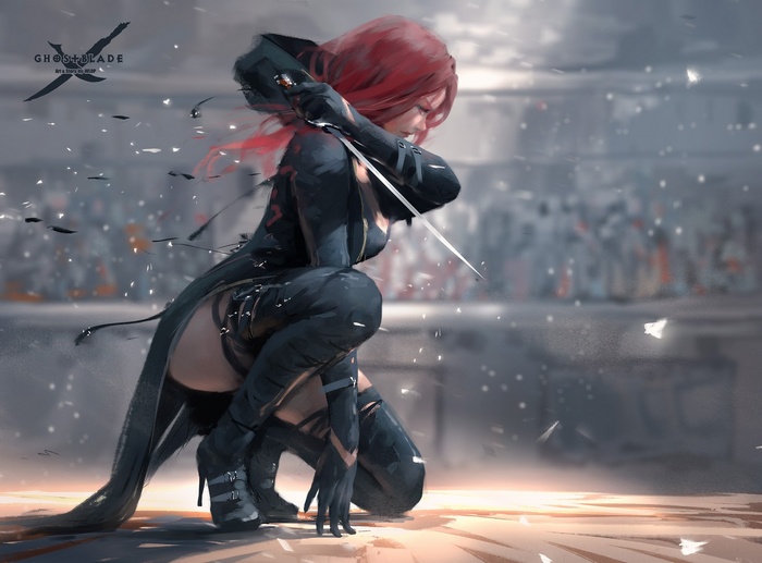 Redhead woman in black outfit with knives, Ghostblade
