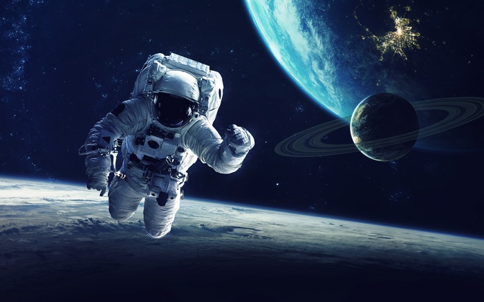 Astronaut floating in space with planets in the background