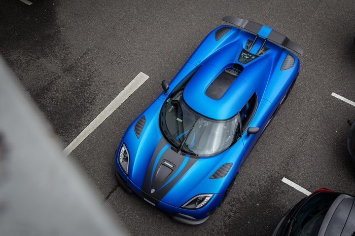 Blue Koenigsegg Agera RS from aerial view