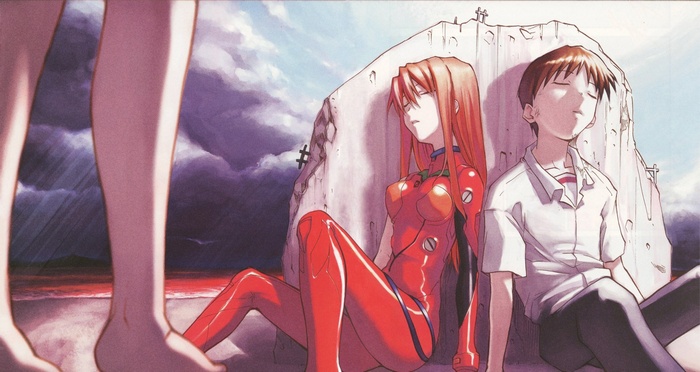 Asuka and Shinji from Neon Genesis Evangelion on a beach