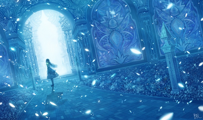 Anime girl with long blue hair in a blue palace