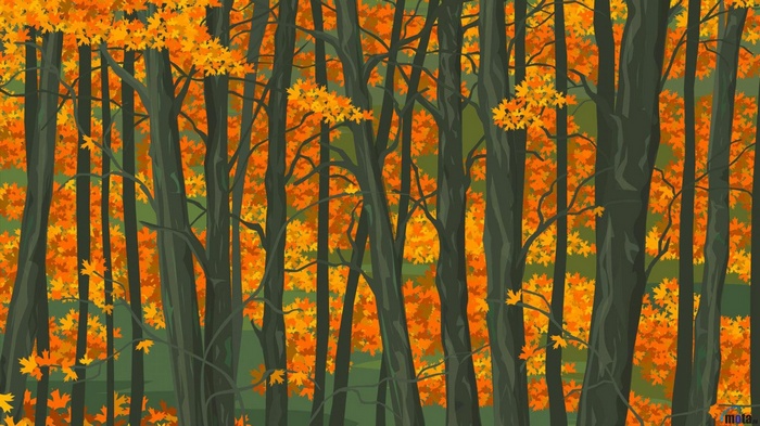 Autumn forest with dark trees and orange leaves