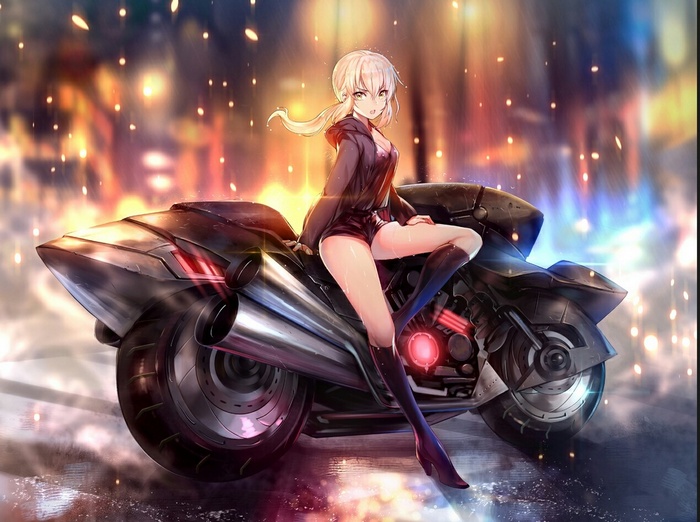 Saber Alter from Fate/Grand Order on a motorcycle