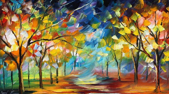 Abstract painting of a colorful forest path