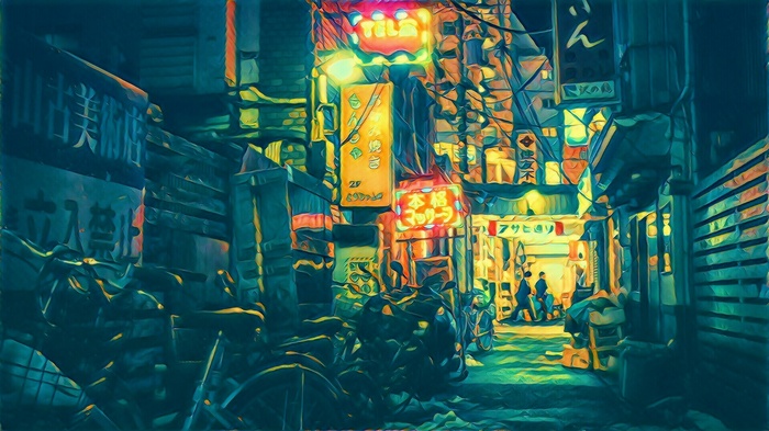 Neon-lit alley in Tokyo at night