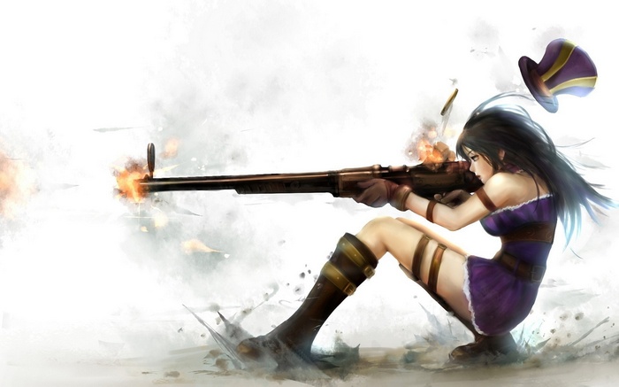 Caitlyn from League of Legends firing a sniper rifle