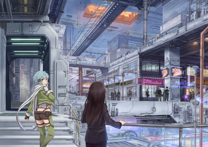 Asada Shino and another girl in a futuristic city
