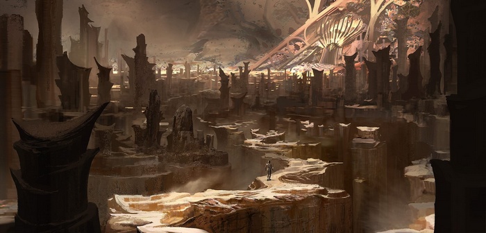 Futuristic valley with rock formations and a lone figure