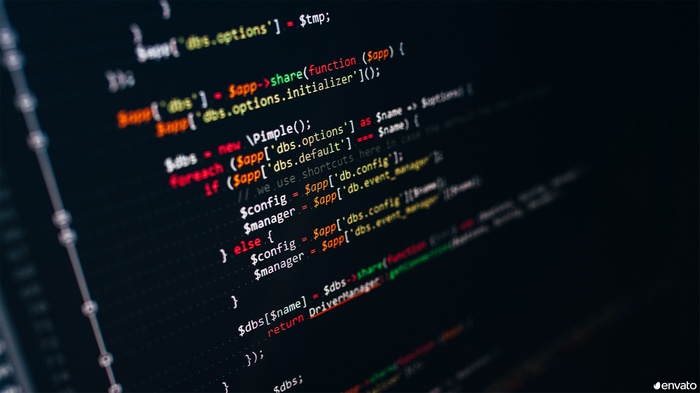 Programming code on a dark screen
