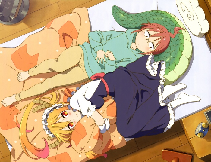 Tohru and Kobayashi from Kobayashi-san Chi no Maid Dragon lying on a bed