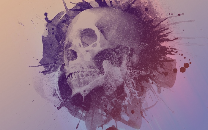 Abstract skull artwork with purple ink splatters
