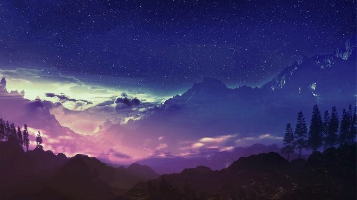 Digital art landscape of mountains under a starry sky