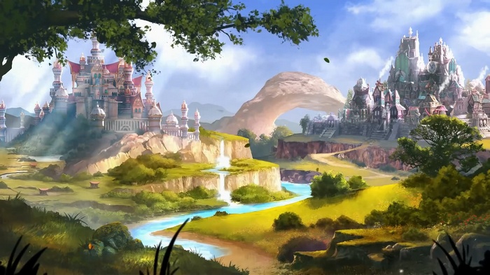 Fantasy landscape with castles and waterfalls