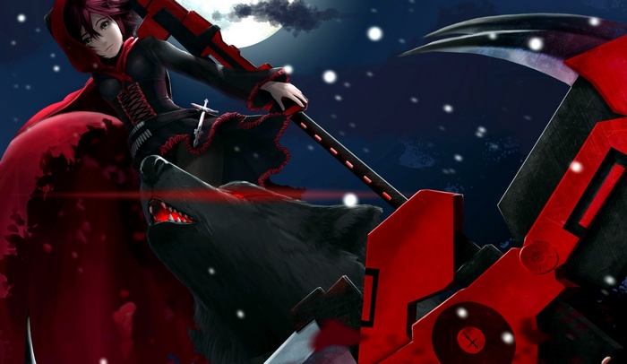 Ruby Rose from RWBY with a scythe and wolf