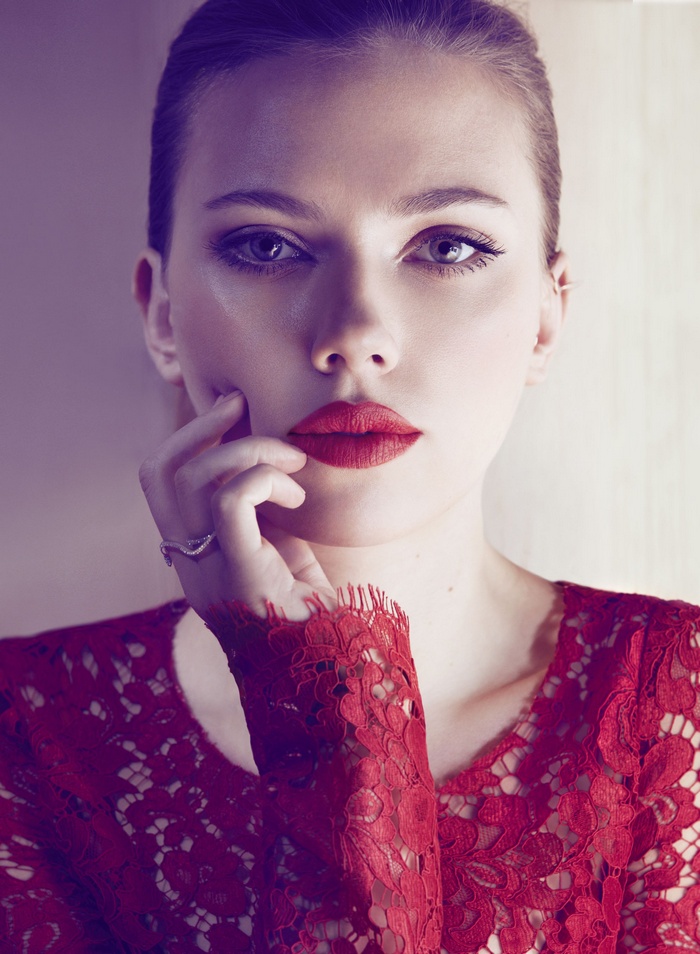 Scarlett Johansson wearing a red lace dress