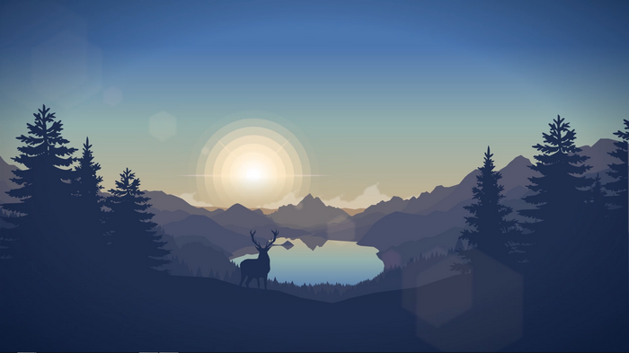 Deer in front of a lake with mountains and sun