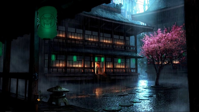 The Secret World: Rain in Asian Courtyard with Cherry Blossom