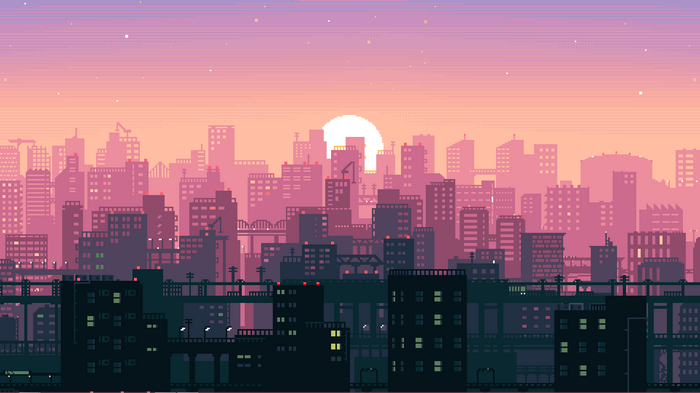 Pixel art cityscape at sunset with cranes