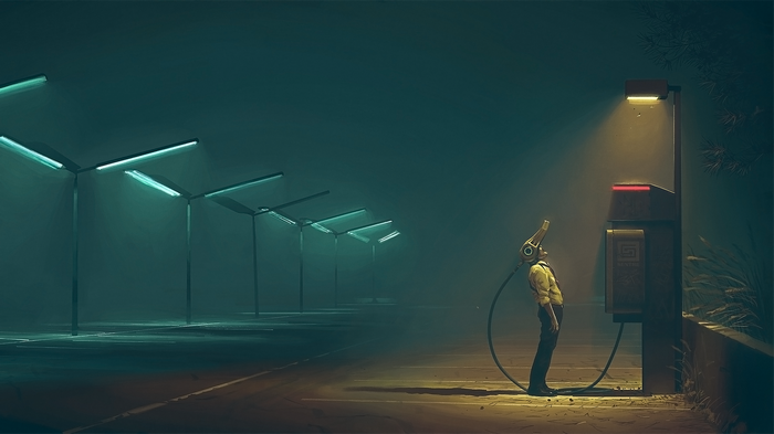 Man with VR headset at a futuristic phone booth