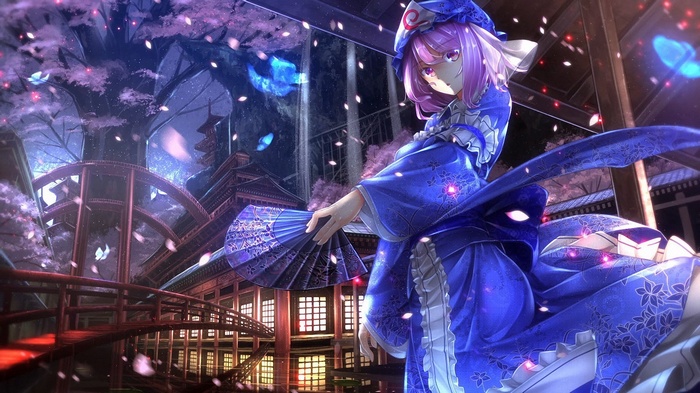 Saigyouji Yuyuko from Touhou holding a fan