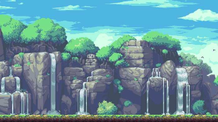 mountains, waterfall, trees, pixel art