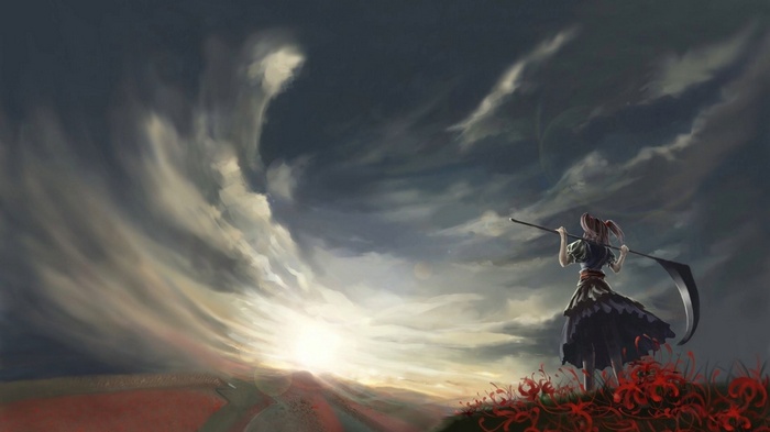 Girl with scythe in Touhou landscape