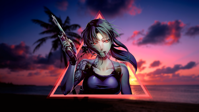 Revy from Black Lagoon with a pistol on a beach at sunset