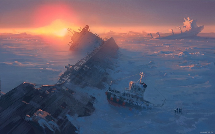 Shipwrecks in icy sea at sunset