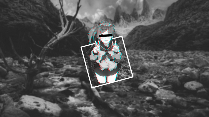 Anime girl with glitch effect in a rocky landscape
