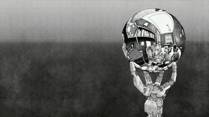 Robot holding a reflective sphere with room interior