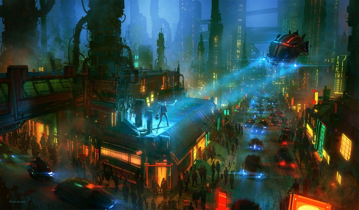 Cyberpunk city street with flying vehicle and crowds