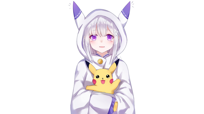 white background, Pokémon, anime girls, Emiria (Re:Zero), Re:Zero Kara Hajimeru Isekai Seikatsu, Emilia (Re: Zero), anime, Pikachu