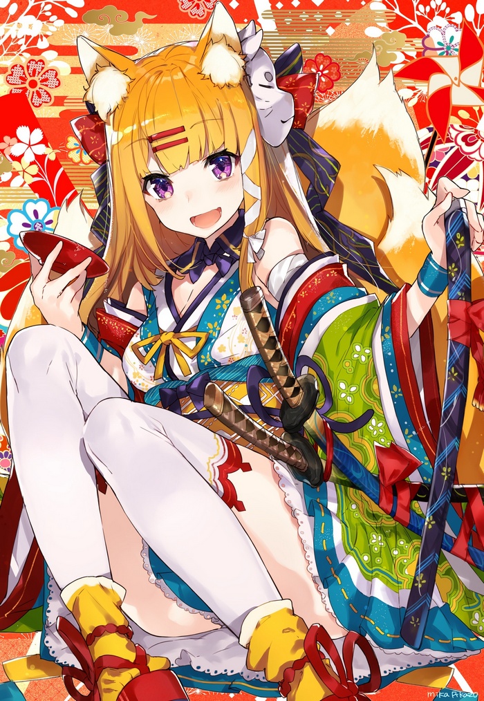 Japanese kimono, frills, hair ornament, looking at viewer, purple eyes, anime girls, fox girl, anime, mask, kimono, yellow hair, socks, pink eyes, colorful, long hair, open mouth, flowers, thigh-highs, smiling, Japanese clothes