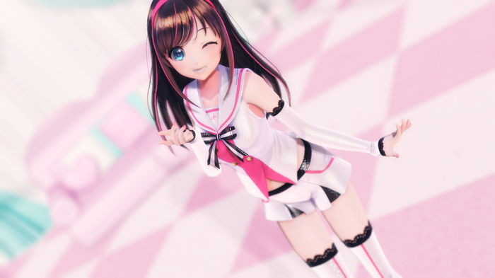 Kizuna Ai winks in a sailor-style outfit