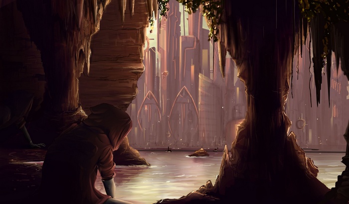 Cave overlooking a futuristic city