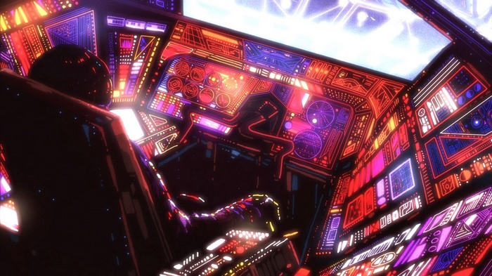 Sci-fi spaceship cockpit with glowing controls