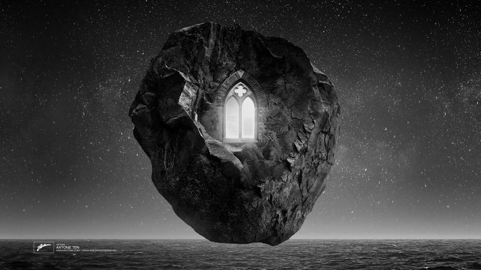 Floating rock with a gothic window over the ocean